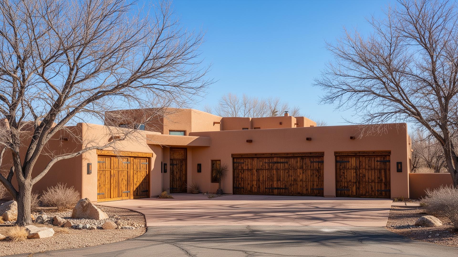 Professional wood garage doors with iron strap hinges on Southwest adobe home